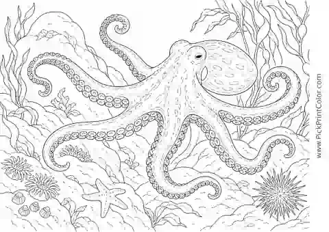 Giant Pacific Octopus near Kelp-Covered Rocks printable black-and-white coloring page