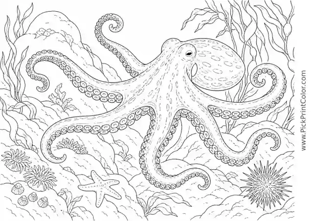 Giant Pacific Octopus near Kelp-Covered Rocks printable black-and-white coloring page