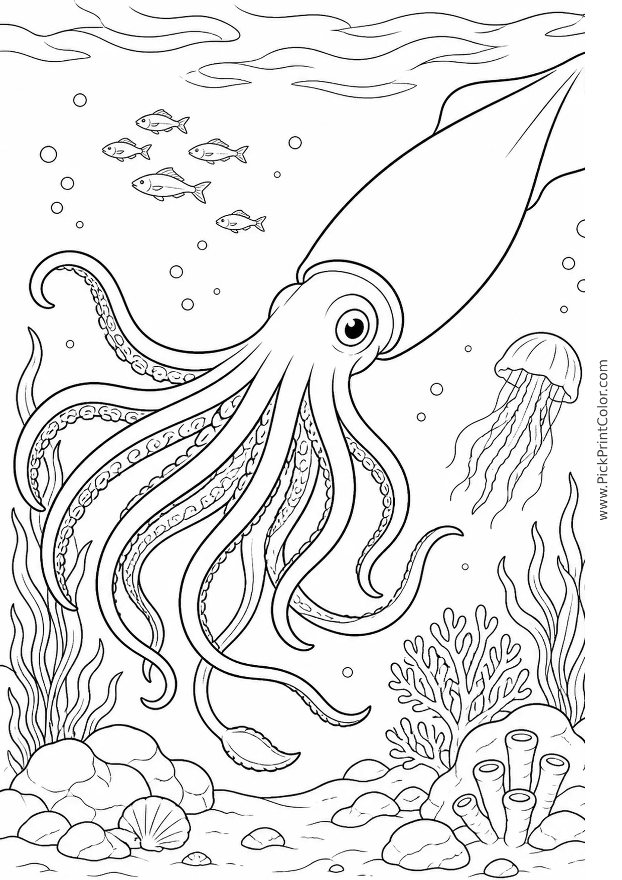 Giant Squid Drifting through Open Water printable black-and-white coloring page
