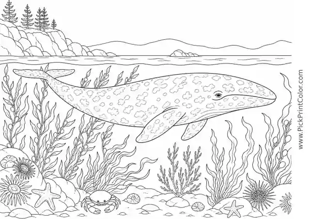 Gray Whale Crossing a Kelp Coast printable black-and-white coloring page