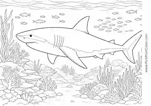 Great White Shark in the Open Ocean printable black-and-white coloring page