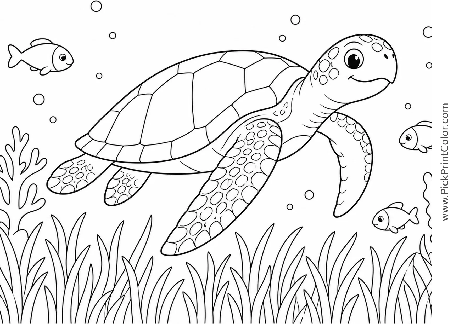Green Sea Turtle Swimming over Seagrass printable black-and-white coloring page