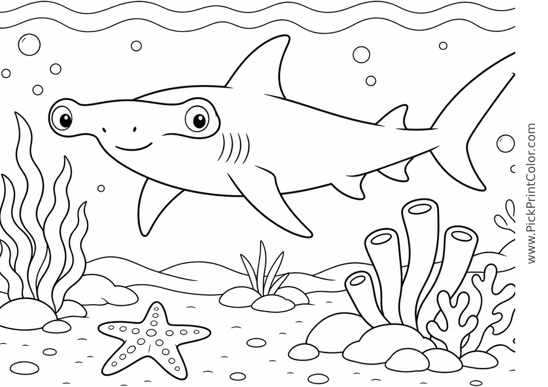 Hammerhead Shark above a Sandy Lagoon printable black-and-white coloring page