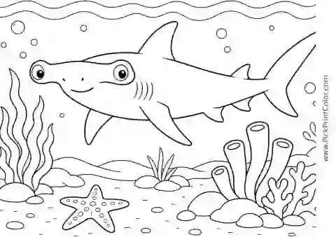 Hammerhead Shark above a Sandy Lagoon printable black-and-white coloring page