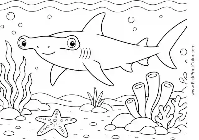 Hammerhead Shark above a Sandy Lagoon printable black-and-white coloring page