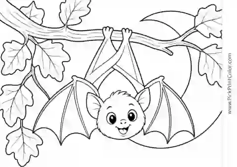 Happy Bat Hanging Above an Autumn Branch black-and-white printable coloring page