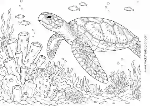 Hawksbill Turtle near a Sponge Garden printable black-and-white coloring page