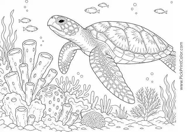 Hawksbill Turtle near a Sponge Garden printable black-and-white coloring page