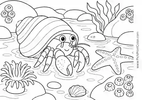 Hermit Crab Exploring a Tide Pool printable black-and-white coloring page