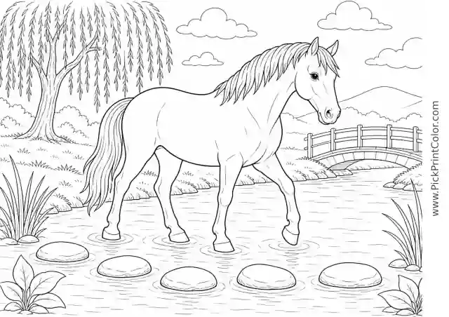 Horse Crossing a Shallow Stream printable coloring page