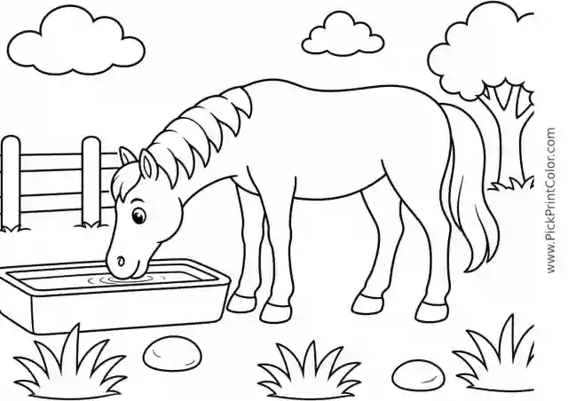 Horse Drinking from a Water Trough printable coloring page