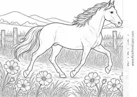Horse Trotting Through a Meadow printable coloring page