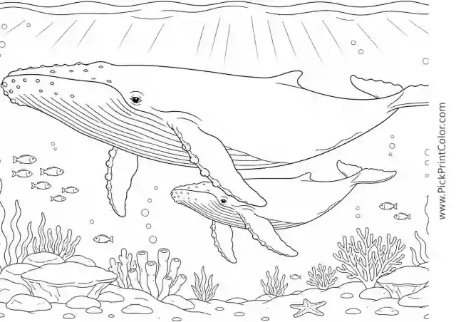 Humpback Whale Mother and Calf printable black-and-white coloring page