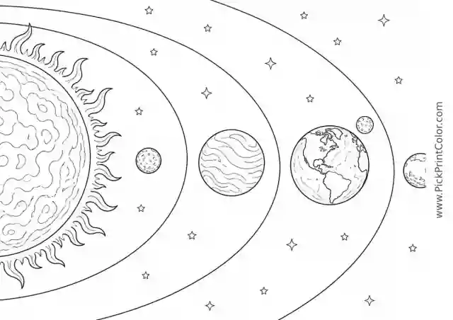 Inner Planets Around the Sun black-and-white printable coloring page