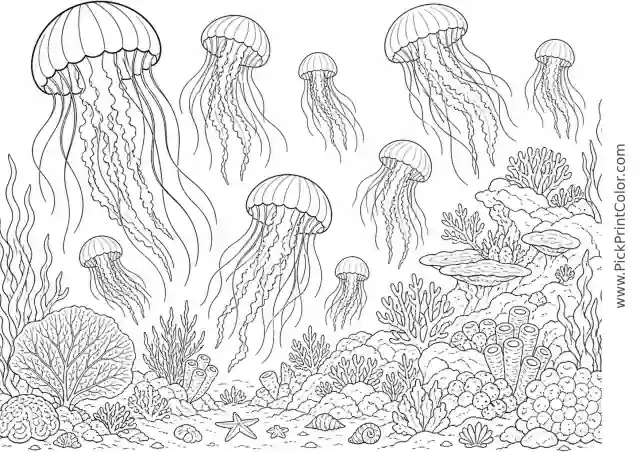 Jellyfish Bloom over a Deep-Ocean Reef printable black-and-white coloring page