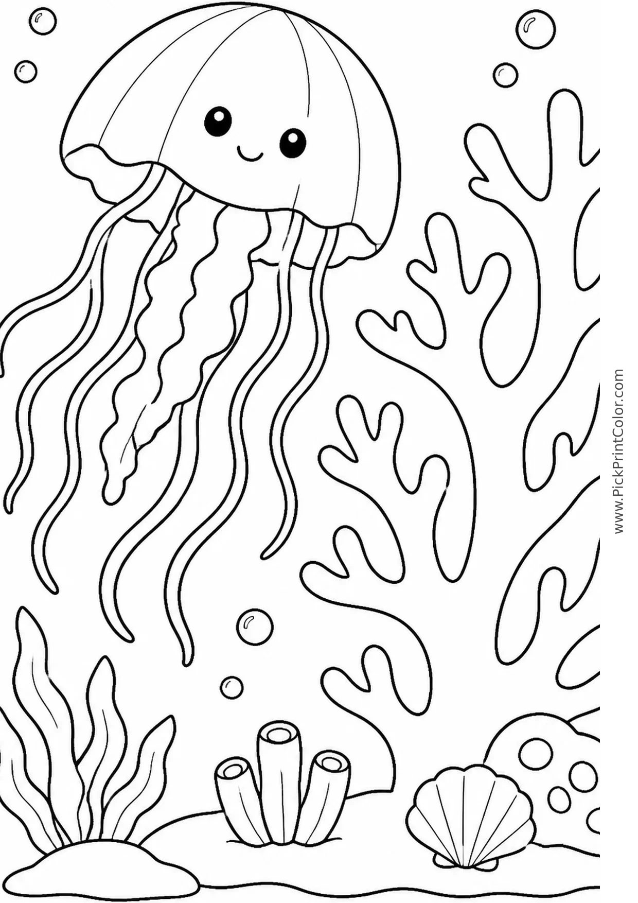 Jellyfish Drifting beside Coral Branches printable black-and-white coloring page