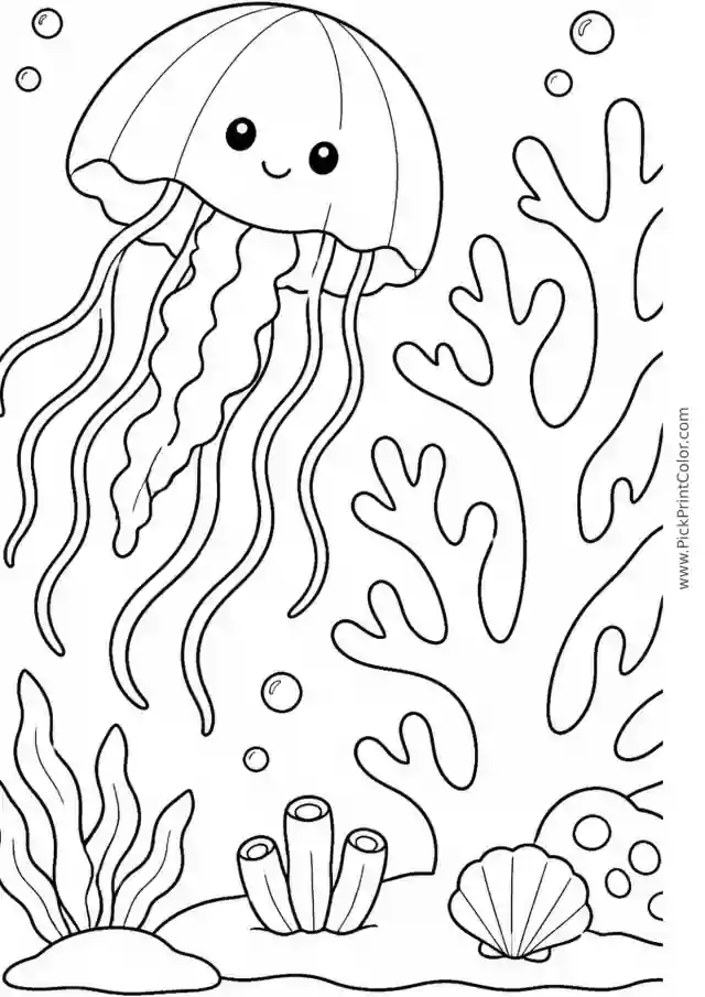 Jellyfish Drifting beside Coral Branches printable black-and-white coloring page