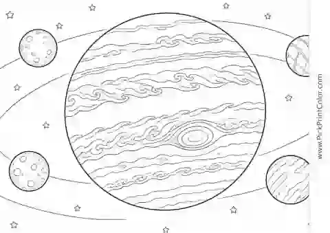 Jupiter with Cloud Bands and Moons black-and-white printable coloring page