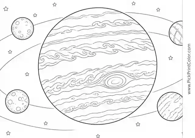 Jupiter with Cloud Bands and Moons black-and-white printable coloring page