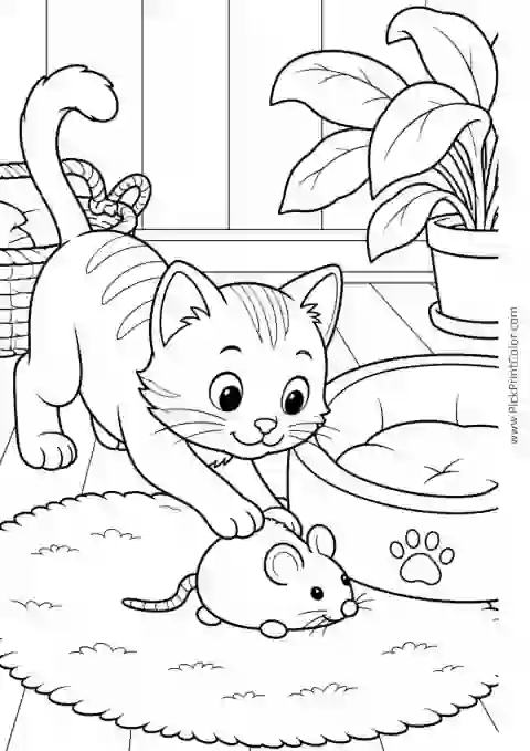 Kitten Beside Its Pet Bed printable coloring page