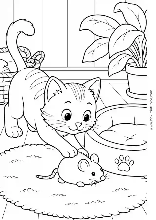 Kitten Beside Its Pet Bed printable coloring page