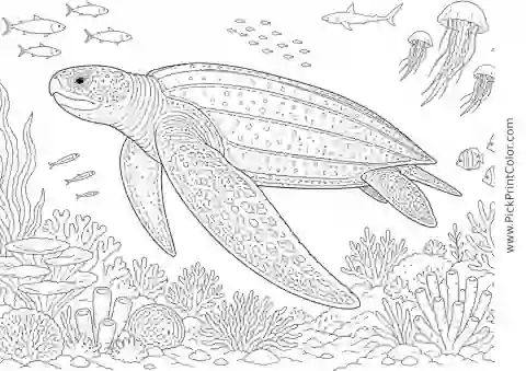 Leatherback Turtle in the Open Ocean printable black-and-white coloring page