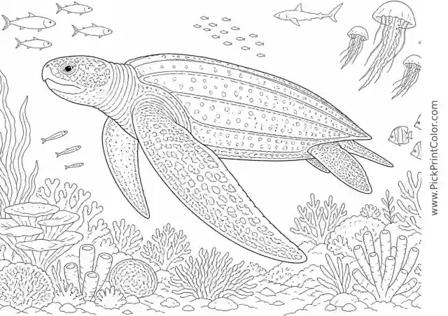 Leatherback Turtle in the Open Ocean printable black-and-white coloring page