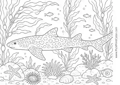 Leopard Shark Crossing a Kelp Bed printable black-and-white coloring page