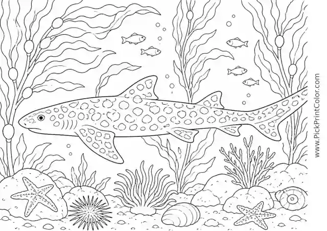 Leopard Shark Crossing a Kelp Bed printable black-and-white coloring page