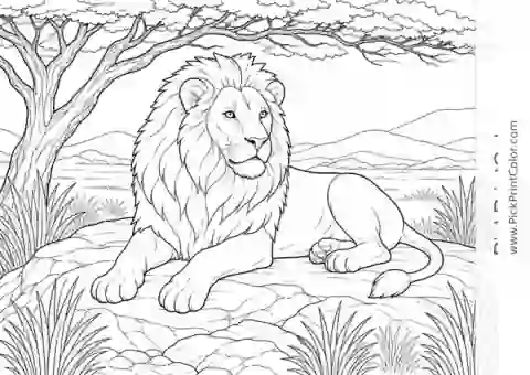 Lion Resting on the Savanna printable coloring page