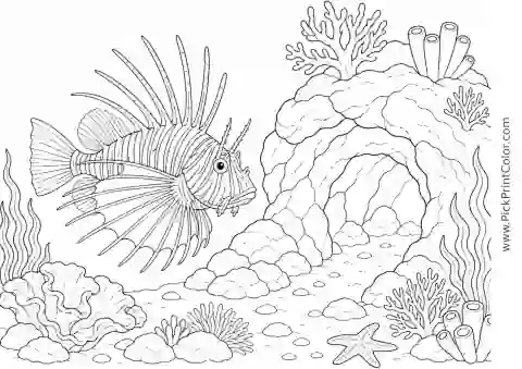 Lionfish beside a Rocky Reef Cave printable black-and-white coloring page