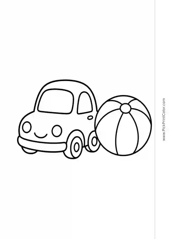 Little Car with a Big Beach Ball black-and-white printable coloring page