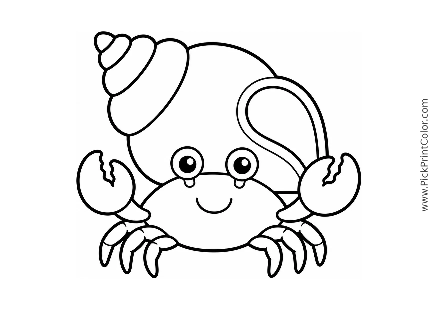 Little Crab with a Large Seashell printable black-and-white coloring page