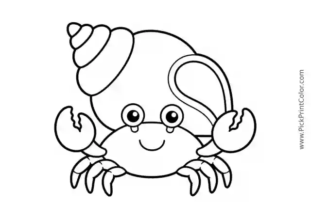 Little Crab with a Large Seashell printable black-and-white coloring page