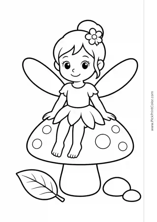 Little Fairy Sitting on a Mushroom black-and-white coloring page