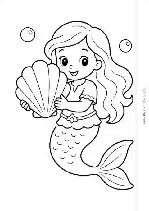 Little Mermaid with a Big Seashell black-and-white coloring page