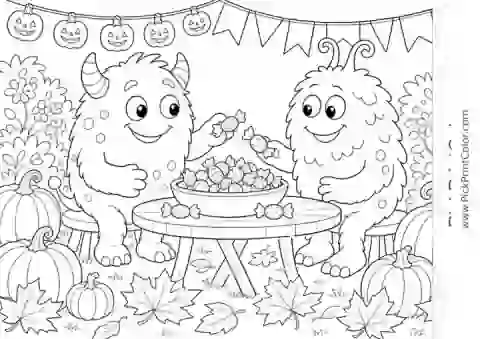 Little Monsters Sharing Halloween Treats black-and-white printable coloring page