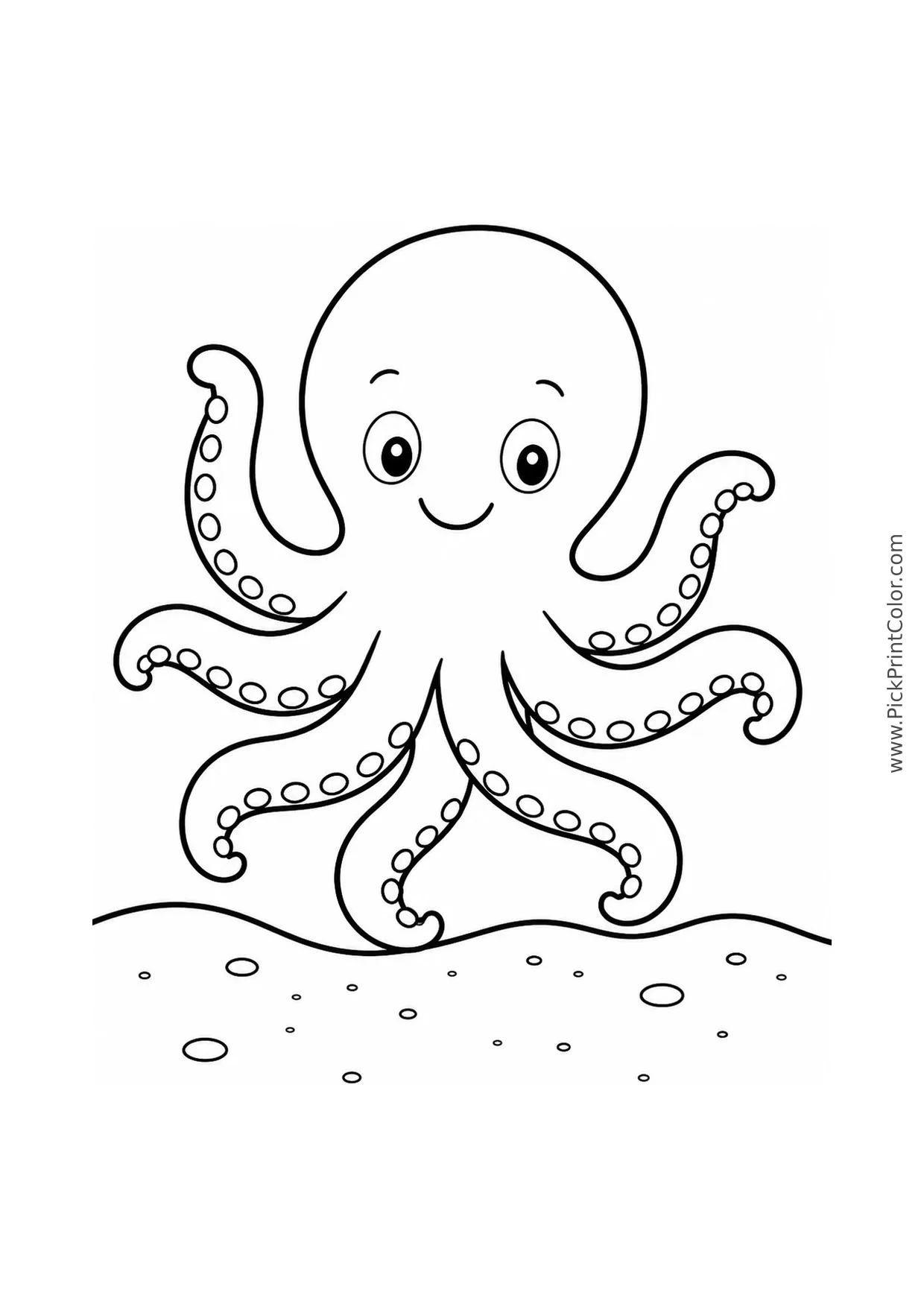 Little Octopus Waving above Sand printable black-and-white coloring page