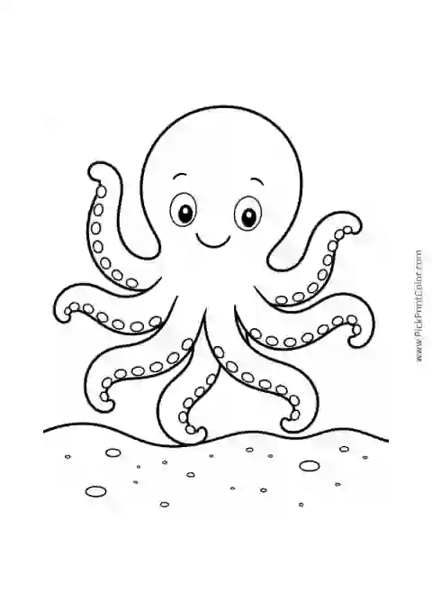 Little Octopus Waving above Sand printable black-and-white coloring page