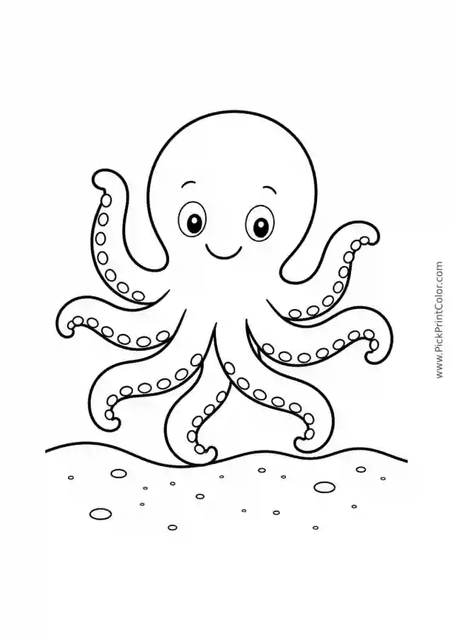 Little Octopus Waving above Sand printable black-and-white coloring page