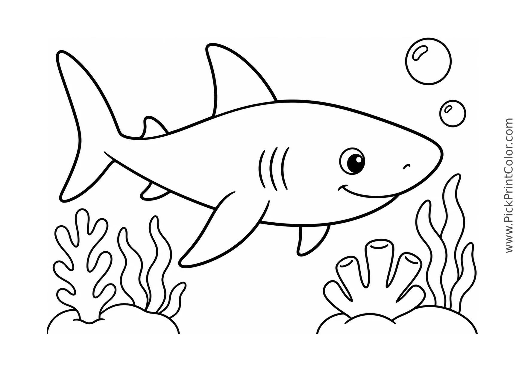 Little Reef Shark with Two Bubbles printable black-and-white coloring page
