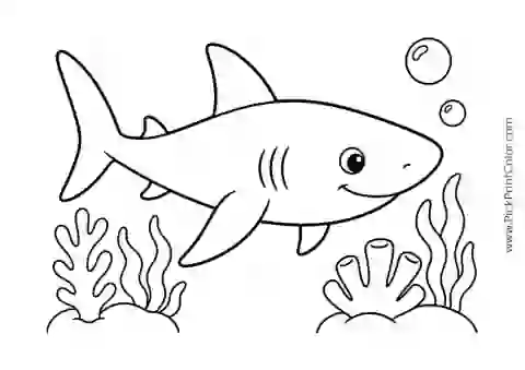 Little Reef Shark with Two Bubbles printable black-and-white coloring page