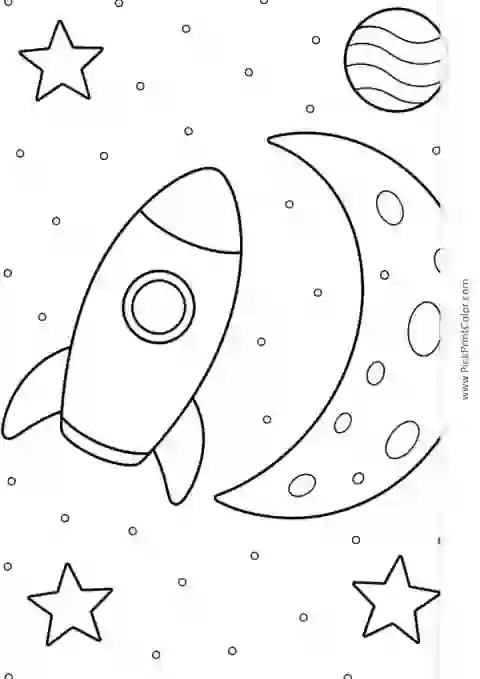 Little Rocket Beside the Moon black-and-white printable coloring page