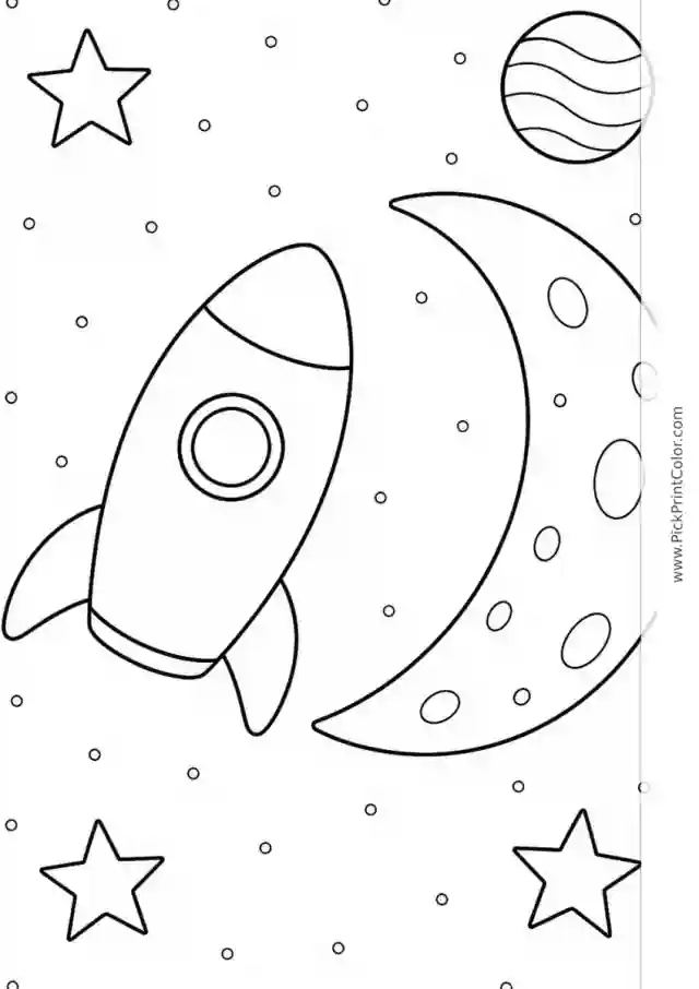 Little Rocket Beside the Moon black-and-white printable coloring page