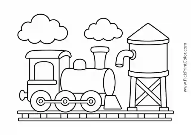 Little Steam Train Beside a Big Water Tower black-and-white printable coloring page