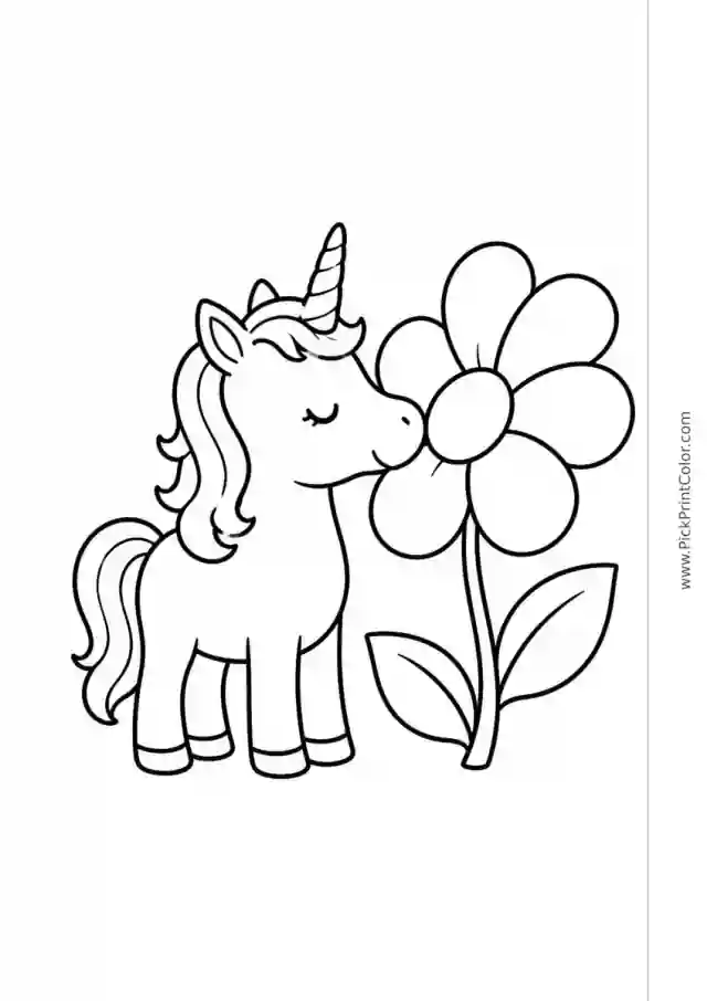 Little Unicorn with a Giant Flower black-and-white coloring page