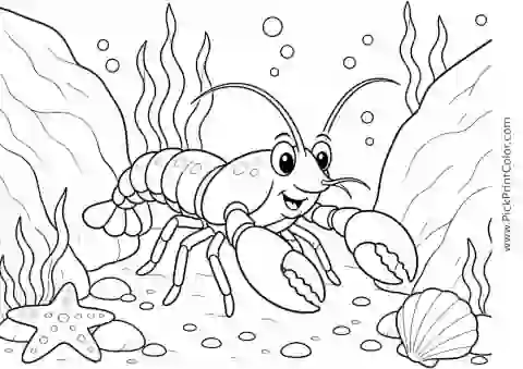 Lobster Walking between Large Rocks printable black-and-white coloring page