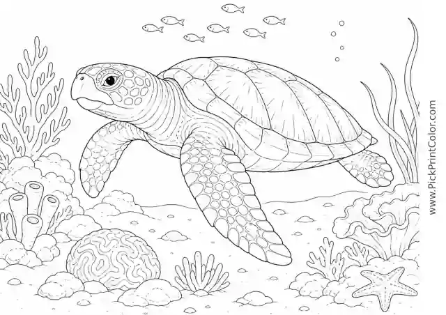 Loggerhead Turtle Crossing a Sandy Reef printable black-and-white coloring page