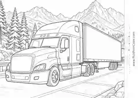 Long-Haul Truck at a Mountain Rest Area black-and-white printable coloring page