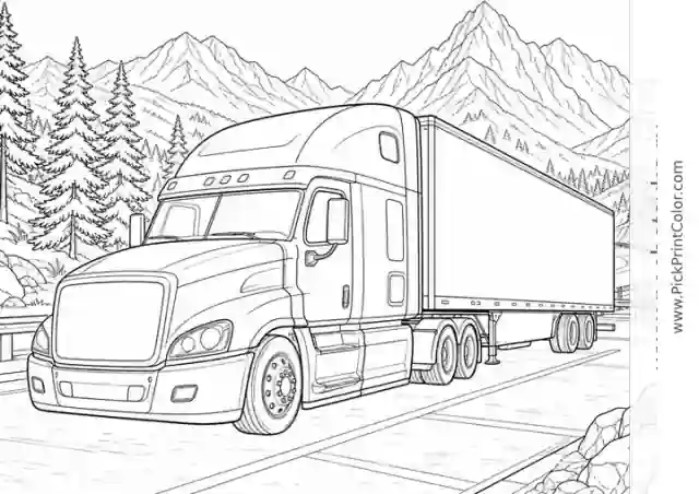 Long-Haul Truck at a Mountain Rest Area black-and-white printable coloring page